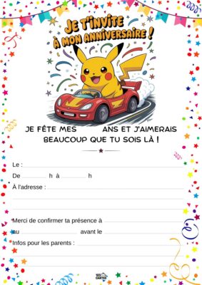 Invitation d'anniversaire avec Pikachu conduisant une voiture rouge, entouré de confettis et de ballons joyeux.