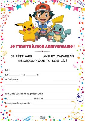 Invitation anniversaire avec Pikachu et Squirtle, entourés d'étoiles.