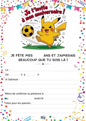 Invitation d'anniversaire avec Pikachu, joyeusement en mouvement, jouant avec un ballon de foot, entouré d'étoiles et de confettis.