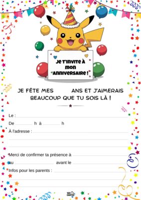 Invitation d'anniversaire avec Pikachu portant un chapeau de fête, entouré de ballons et de confettis.