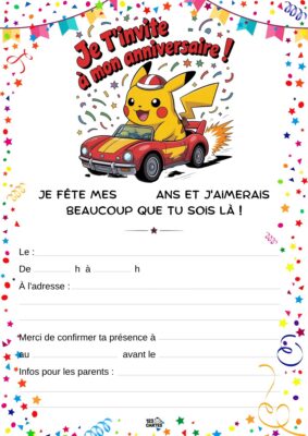 Invitation d'anniversaire avec Pikachu, un personnage jaune souriant, conduisant une voiture rouge en mouvement. Éléments festifs autour.