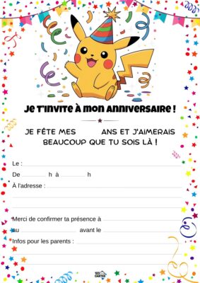 Invitation d'anniversaire avec Pikachu, un personnage souriant portant un chapeau de fête, entouré de confettis et de serpentin.