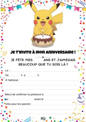 Invitation d'anniversaire avec Pikachu tenant un gâteau, entouré de confettis, et le texte « Je t'invite à mon anniversaire ! » en haut.