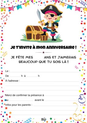 Invitation d'anniversaire avec un pirate joyeux tenant une épée, et un coffre au trésor à ses pieds.