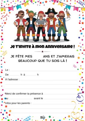 Invitation d'anniversaire avec cinq pirates en tenue de marin, souriant et prêts à fêter. Éléments festifs autour, créant une ambiance joyeuse.