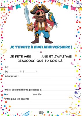 Invitation d'anniversaire avec un pirate souriant, un perroquet sur son épaule et des ballons autour.
