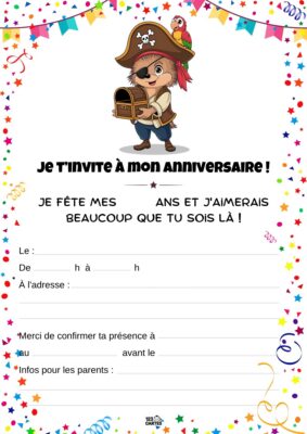 Invitation d'anniversaire avec un pirate mignon tenant un trésor, entouré d'étoiles et de ballons festifs.
