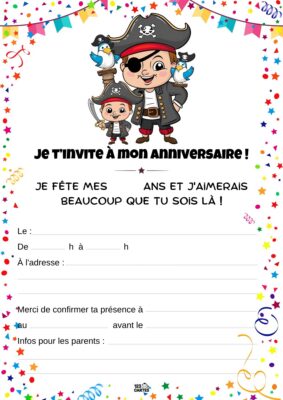 Invitation d'anniversaire avec un pirate souriant, accompagné d'un jeune pirate, des oiseaux et des motifs festifs autour.