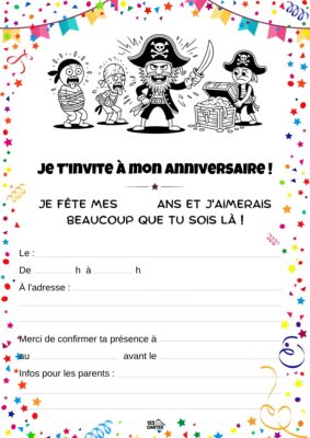 Invitation anniversaire avec des pirates joyeux, un trésor et des animations festives autour. Texte en haut pour inviter les amis.