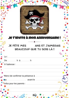 Invitation d'anniversaire avec un crâne de pirate sur fond en bois, entouré de confettis et d'emojis festifs.