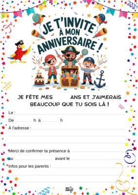 Invitation anniversaire avec un fond festif, des pirates autour d'un coffre au trésor, un perroquet et des éléments marins.
