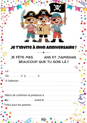 Illustration de trois enfants en pirate, souriants, avec un drapeau noir de pirates. L'invitation annonce un anniversaire festif.