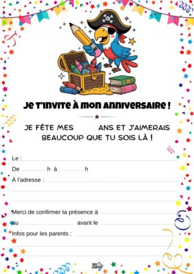 Invitation d'anniversaire illustrée avec un perroquet de pirate, un coffre au trésor et des confettis autour.