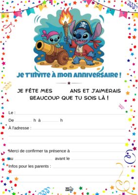 Invitation d'anniversaire avec un pirate et un petit pirate, tirant des confettis et entourés de décorations festives.