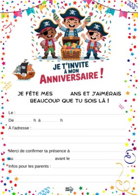 Invitation d'anniversaire avec deux pirates souriants entourant un trésor, un bateau à voiles et des motifs festifs en arrière-plan.