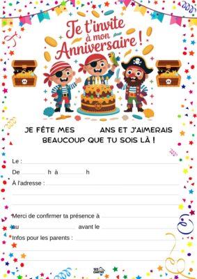 Invitation d'anniversaire avec trois pirates autour d'un gâteau, des trésors et des confettis.