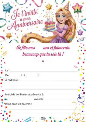 Invitation d'anniversaire représentant Raiponce, souriante, devant un gâteau avec des bougies, entourée d'étoiles et de confettis.