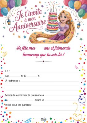 Invitation d'anniversaire avec Raiponce, portant une robe violette, entourée de ballons et d'un gâteau à étages sur un fond festif.