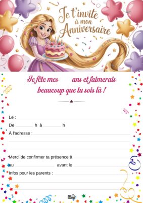 Invitation d'anniversaire avec Raiponce, entourée de ballons et d'étoiles, tenant un gâteau festif. Texte invitant à la fête.