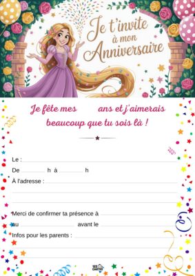 Invitation d'anniversaire avec Raiponce en robe violette, entourée de fleurs et de ballons. Texte festif en haut.