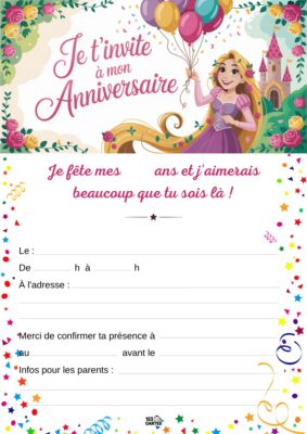 Invitation anniversaire Raiponce : une princesse blonde tient des ballons devant un château entouré de fleurs, avec des étoiles en bas.