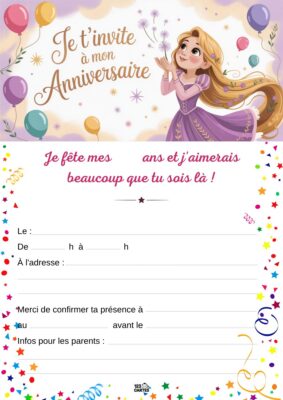 Illustration de Raiponce aux longs cheveux blonds vêtue d'une robe violette, entourée de ballons et de confettis.