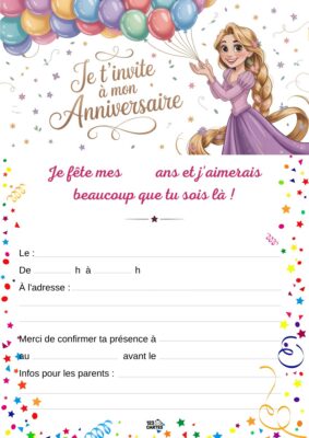 Invitation anniversaire avec Raiponce souriante tenant des ballons. Décor entouré d'étoiles et de motifs festifs.