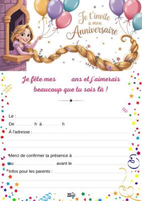 Invitation d'anniversaire avec Raiponce à la fenêtre, balloons en arrière-plan et des étoiles scintillantes autour.