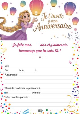 Invitation d'anniversaire avec Raiponce, entourée de lanternes flottantes et de confettis festifs, évoquant une ambiance joyeuse.