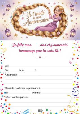Invitation d'anniversaire avec Raiponce, entourée de lanternes, tenant sa longue chevelure blonde. Étoiles en bas de l'image.