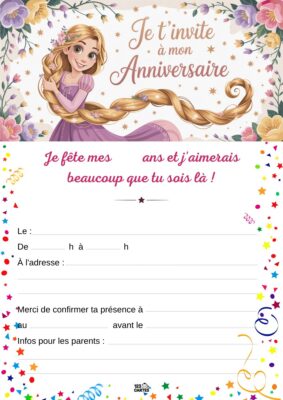 Invitation d'anniversaire avec Raiponce, une jeune fille à la longue chevelure, entourée de fleurs et d'étoiles.
