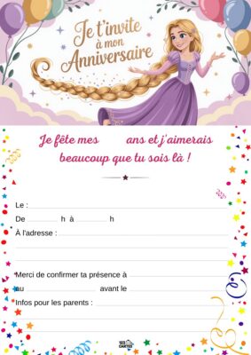 Invitation d'anniversaire avec Raiponce, une jeune femme aux longs cheveux blonds, souriant et levant la main. Ballons en arrière-plan.