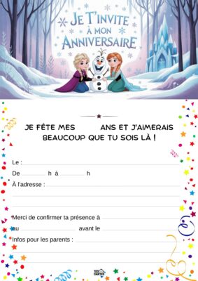 Invitation d'anniversaire avec Elsa et Anna, devant un château de glace, et Olaf au centre. Thème Reine des Neiges.