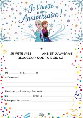 Invitation d'anniversaire avec Elsa et Anna de La Reine des Neiges, entourées d'étoiles et de flocons de neige.