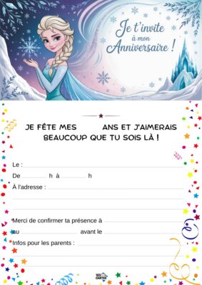Invitation anniversaire avec Elsa de La Reine des Neiges, entourée de flocons de neige et d'étoiles scintillantes.