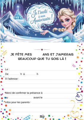 Invitation d'anniversaire avec Elsa, la Reine des Neiges, entourée de montagnes enneigées et de flocons de neige scintillants.