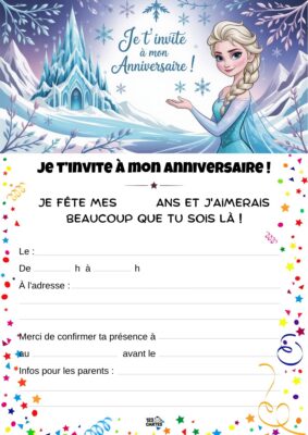 Illustration d'Elsa de La Reine des Neiges, entourée de flocons de neige et d'un paysage hivernal, invitant à une fête d'anniversaire.