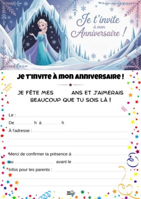 Invitation d'anniversaire avec Elsa, entourée de montagnes de glace et de flocons de neige, invitant amicalement à la célébration.