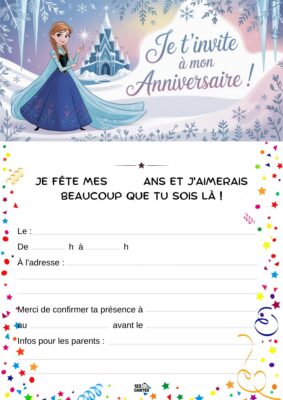 Invitation d'anniversaire avec Elsa en robe bleue et un château de glace en arrière-plan, sur un fond hivernal féérique.