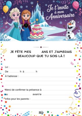 Invitation d'anniversaire avec Elsa, Anna et Olaf devant un gâteau, entourés de montagnes de glace et de ballons festifs.