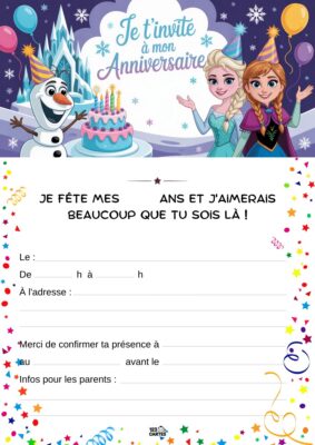 Invitation anniversaire avec Elsa, Anna et Olaf, entourés de flocons de neige et d'un gâteau festif. Ambiance festive garantie !