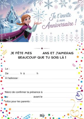 Invitation d'anniversaire avec Anna de La Reine des Neiges, devant un château et des flocons de neige scintillants.