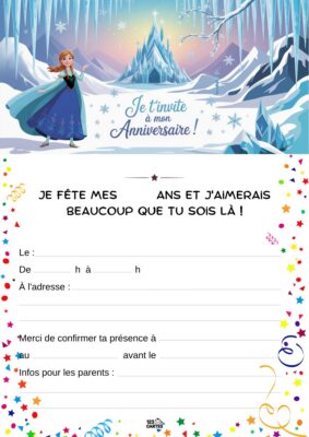 Invitation d'anniversaire avec Anna de La Reine des Neiges en arrière-plan, entourée de montagnes de glace et d'un ciel lumineux.