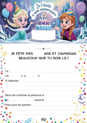Invitation d'anniversaire, représentant Elsa et Anna de La Reine des Neiges, souriant près d'un grand gâteau d'anniversaire.