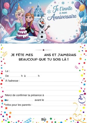 Invitation d'anniversaire avec Elsa, Anna et Olaf près d'un gâteau, dans un décor hivernal de montagnes et de neige.