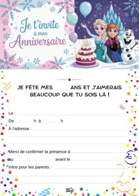 Invitation anniversaire avec Elsa et Anna de La Reine des Neiges, entourées de ballons et d'un gâteau d'anniversaire.