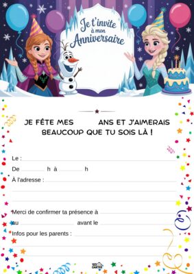 Invitation d'anniversaire représentant Anna et Elsa de La Reine des Neiges, avec Olaf et un gâteau festif entouré de ballons.