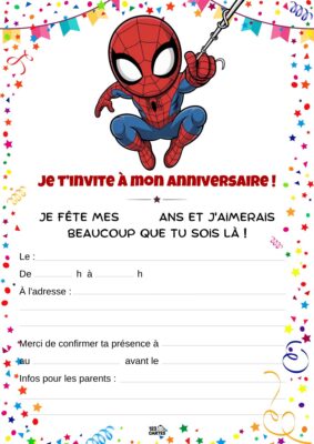 Invitation d'anniversaire avec Spiderman, en costume rouge et bleu, lançant sa toile, entouré de confettis et de fanions.