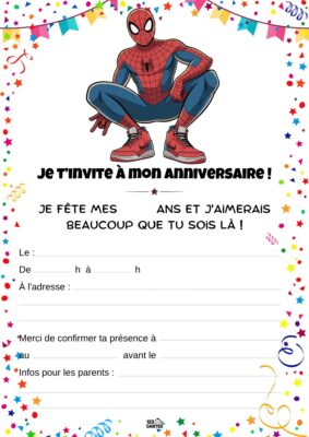 Invitation d'anniversaire avec Spiderman en costume rouge et bleu, assis. Décorée de petits confettis autour.