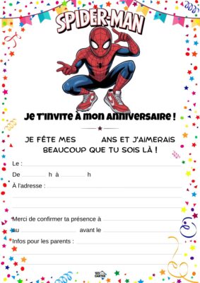Invitation d'anniversaire avec Spiderman en costume rouge et bleu, lançant une toile, entouré de motifs festifs.